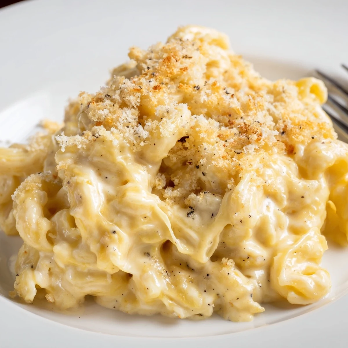 Velvety Mac And Cheese spooned onto plate, steam rising, sharp cheddar aroma.