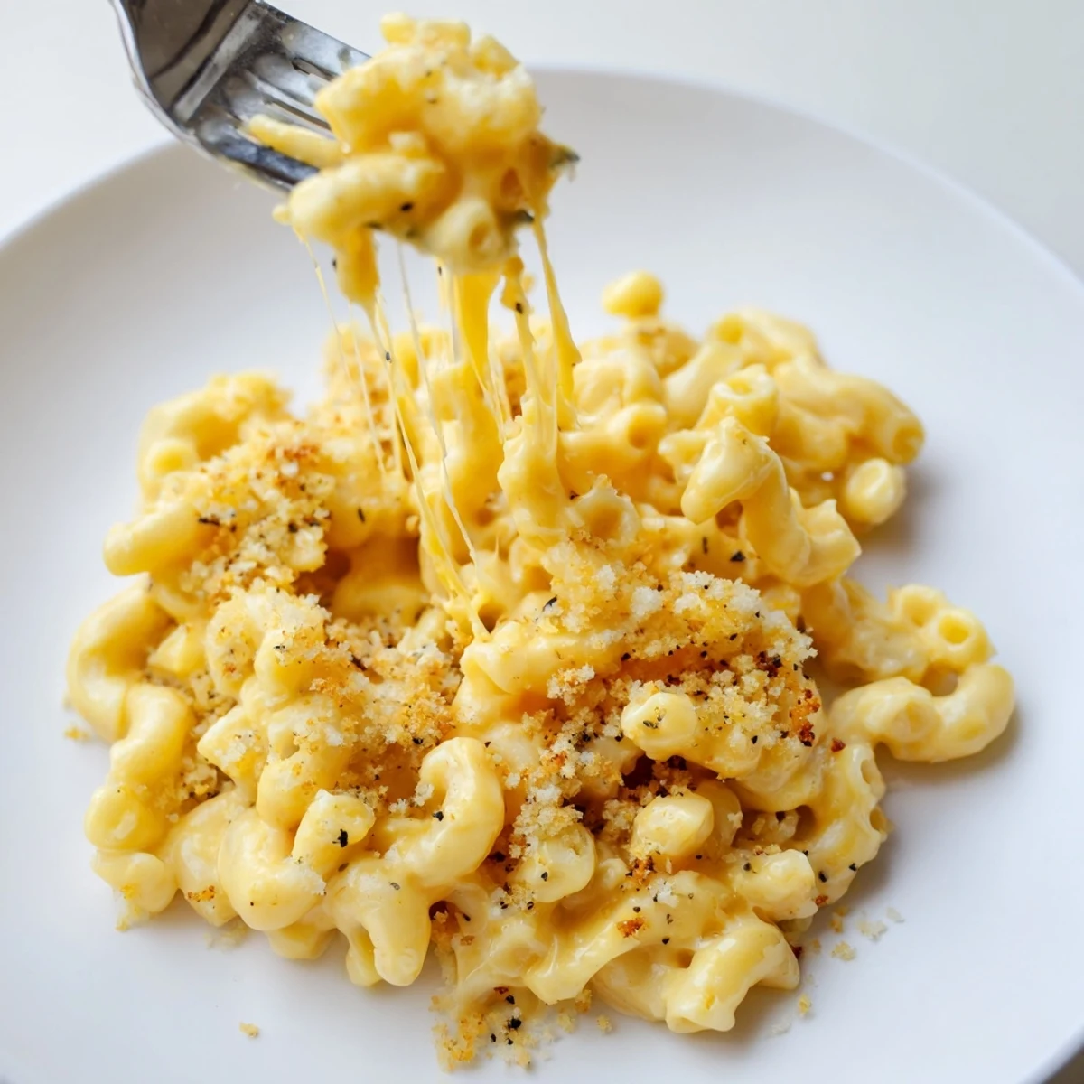 Spoonful of Mac And Cheese pulled from skillet, creamy strands stretching.