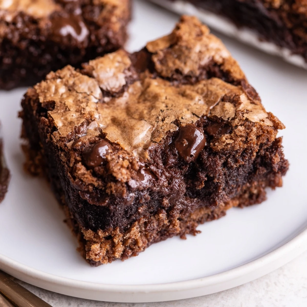 Slice of Fudgy Chewy Brookies Recipe on parchment, melting chocolate chips