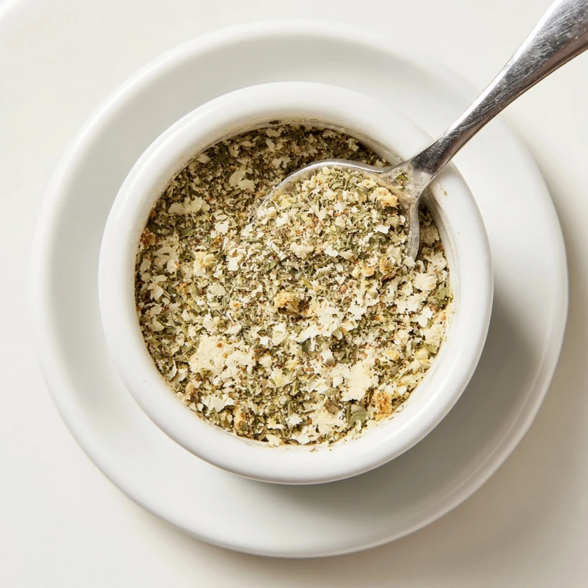Glass jar of Dehydrated Tzatziki Seasoning Mix with fragrant dried herbs
