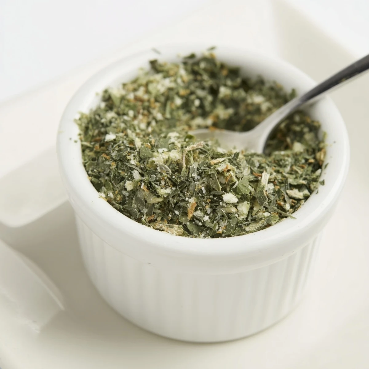 Spoonful of Dehydrated Tzatziki Seasoning Mix over creamy yogurt for dipping