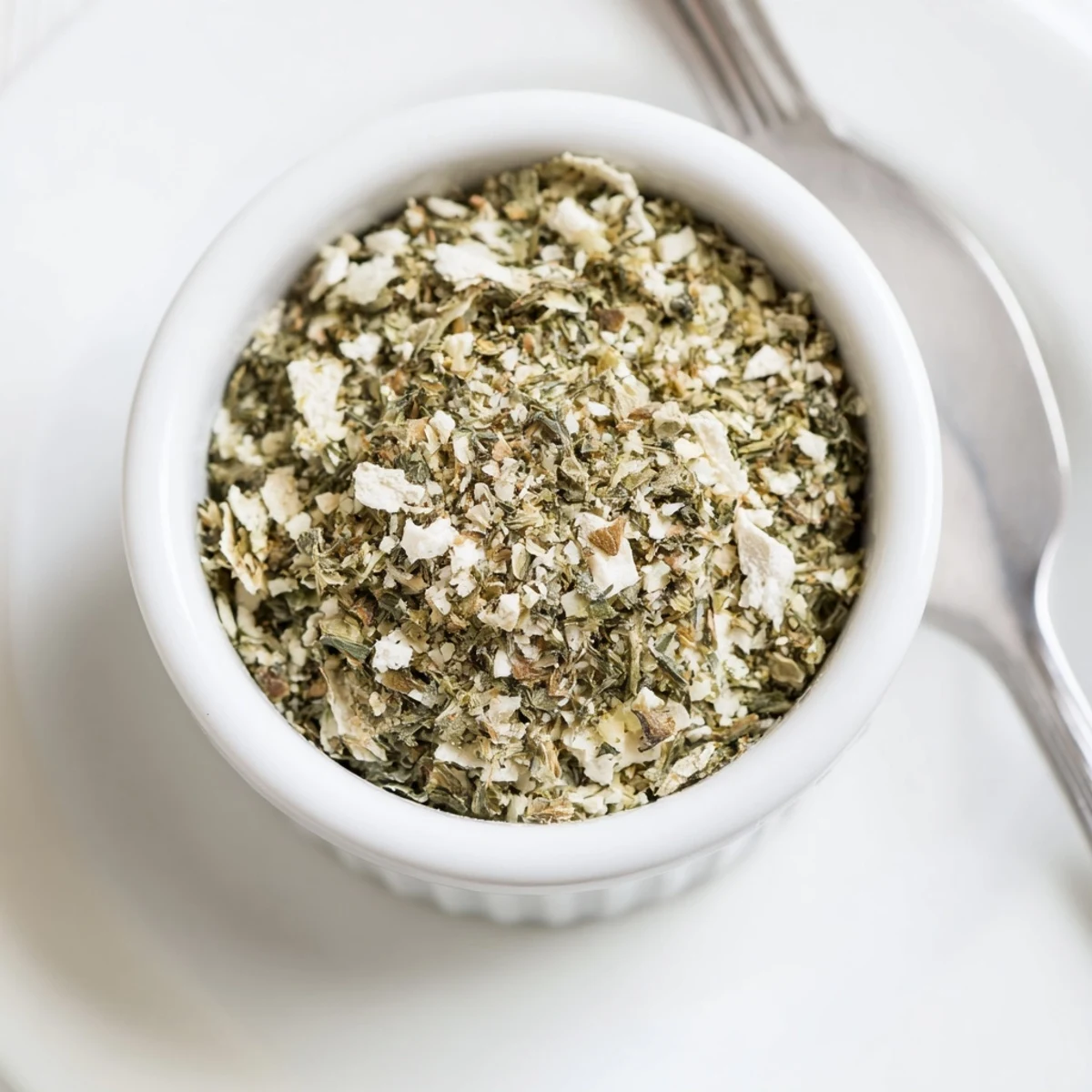 Small bowl of Dehydrated Tzatziki Seasoning Mix beside grilled chicken and lemon