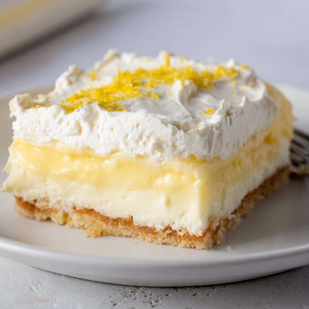 Chilled Lemon Lush Cake layered on cookie crust, creamy lemon filling