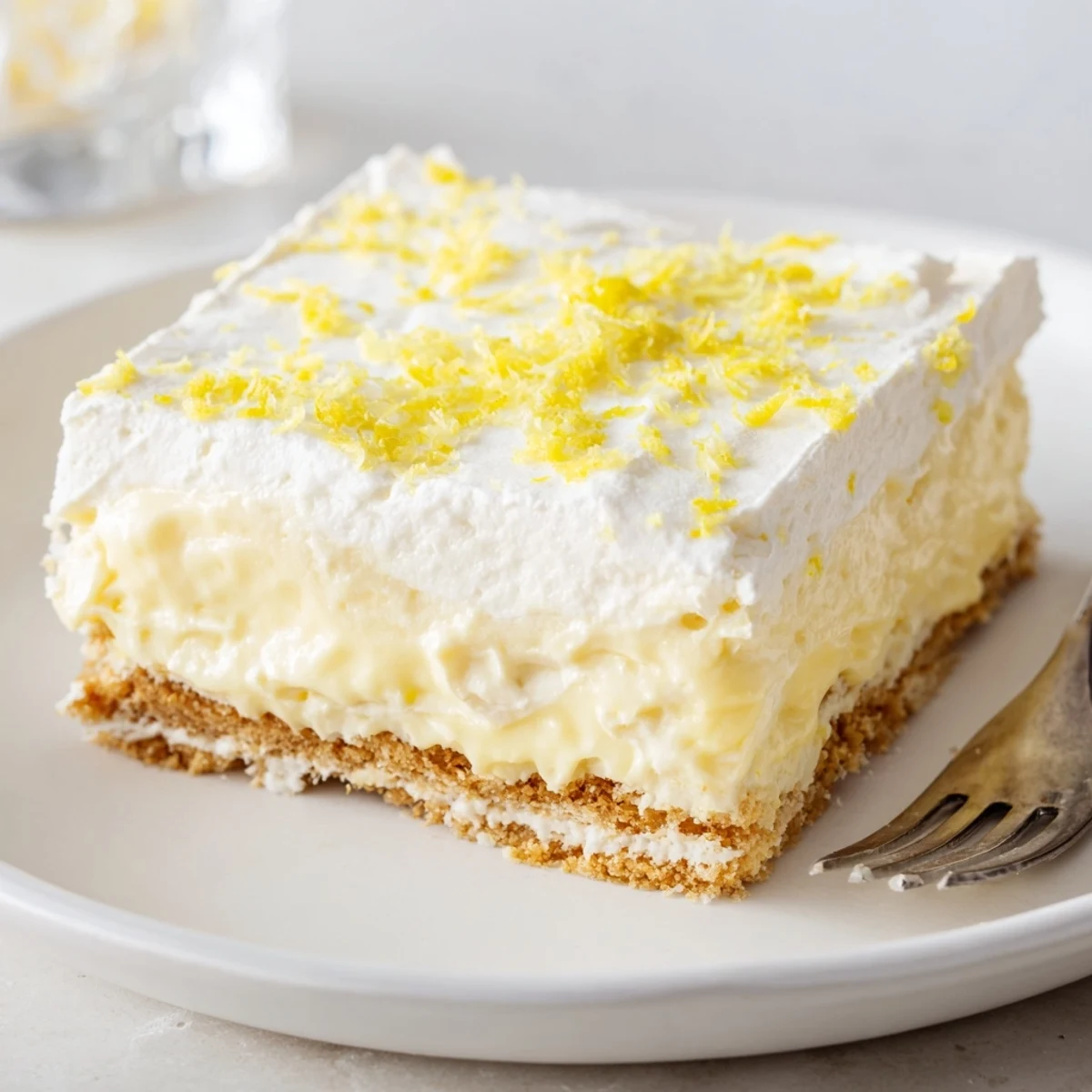 Lemon Lush Cake with fluffy whipped topping and bright lemon zest garnish