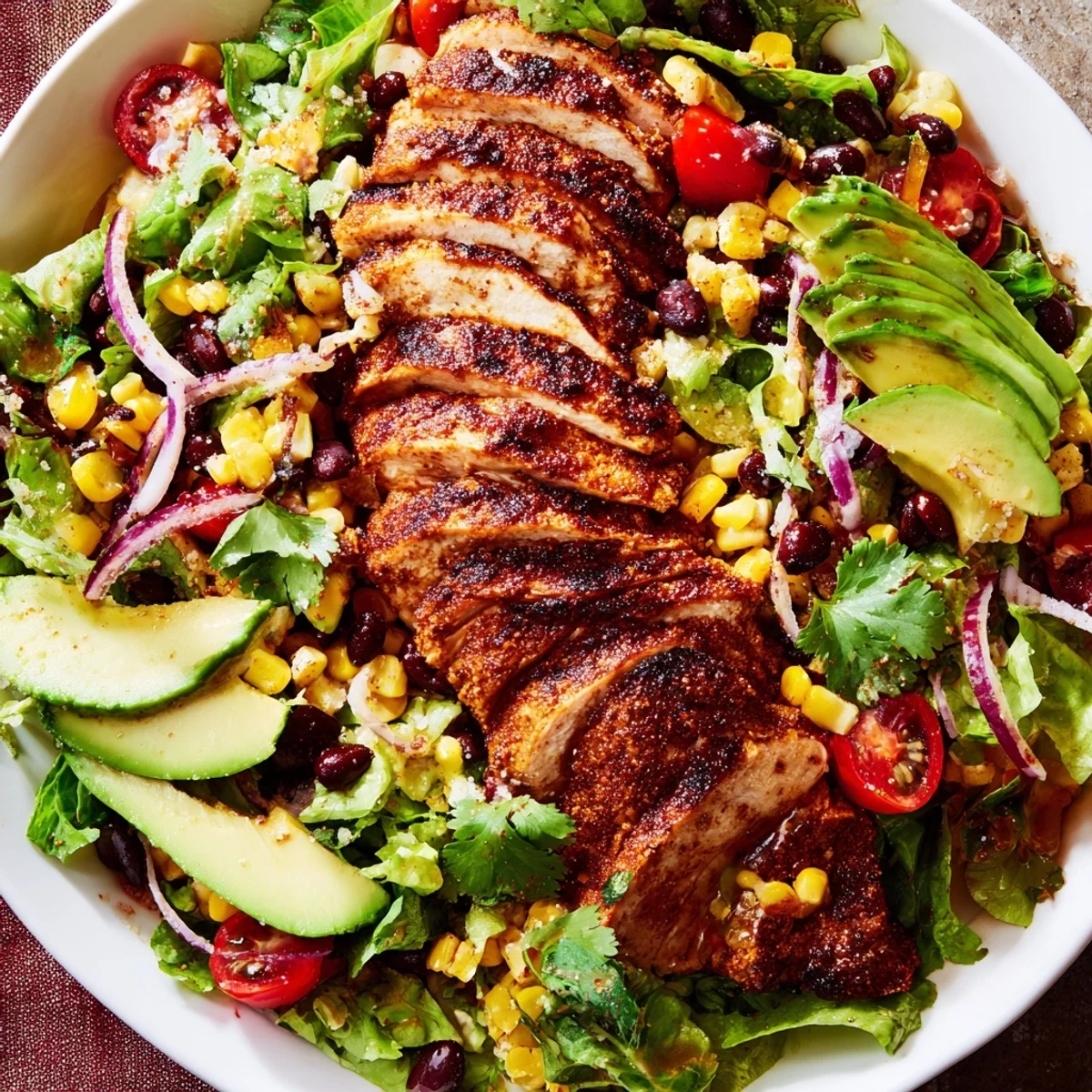 Sliced grilled chicken crowns a Southwestern Chicken Salad with zesty lime dressing