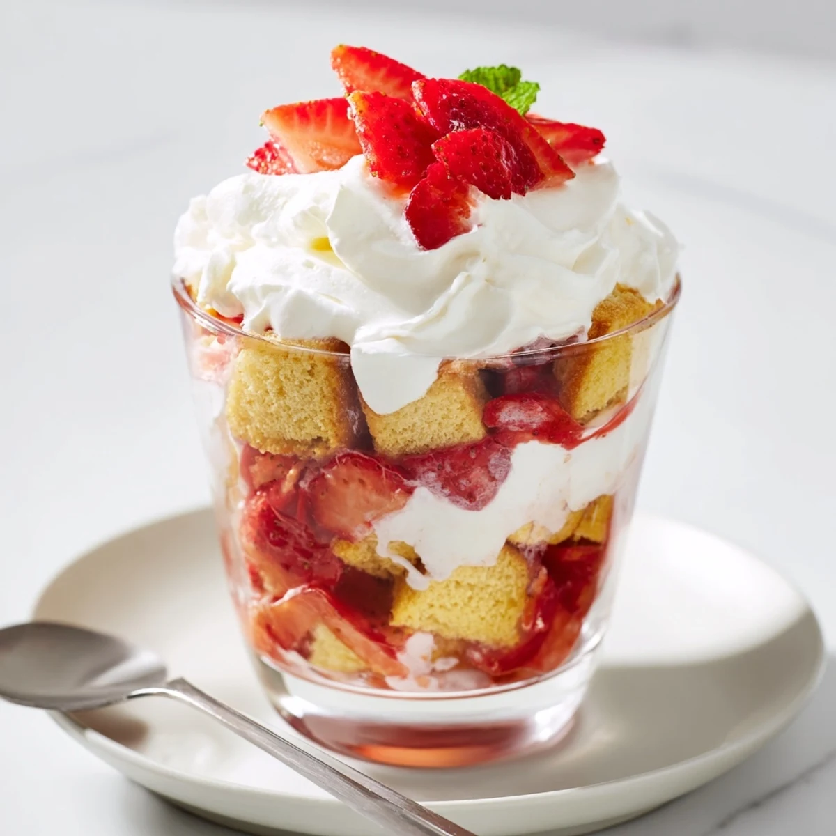 Individual Strawberry Shortcake Trifles showing golden shortcake, macerated strawberries, and fluffy cream