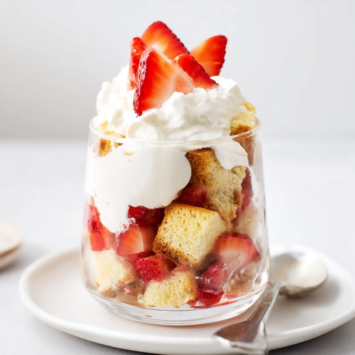 Strawberry Shortcake Trifles layered in glass with juicy berries and whipped cream
