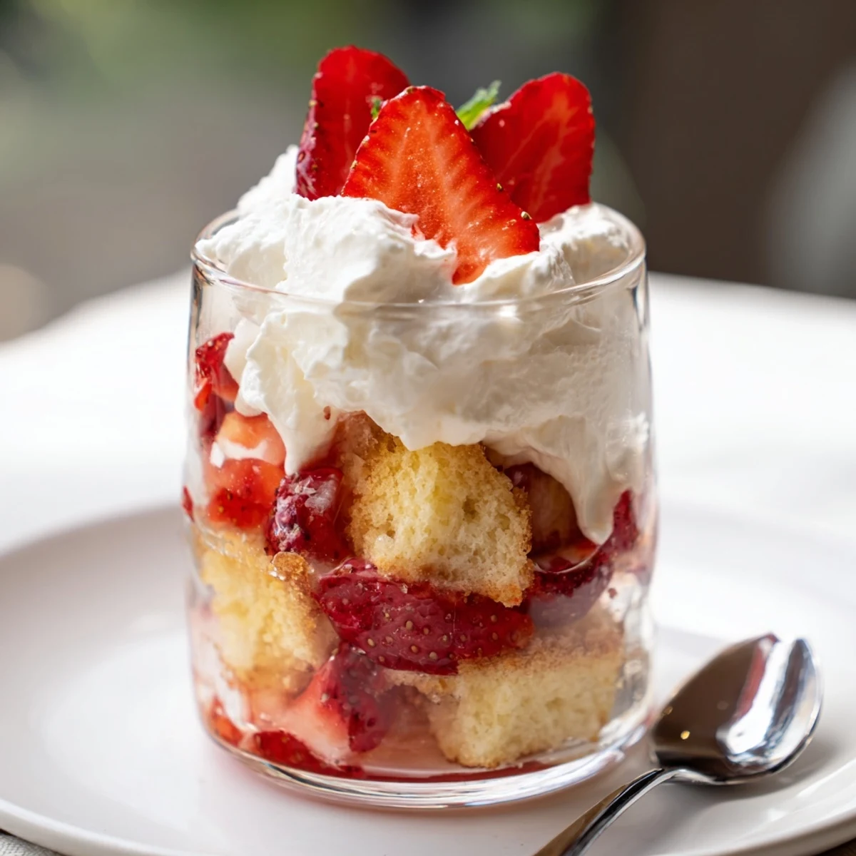 Chilled Strawberry Shortcake Trifles garnished with mint, served in small mason jars