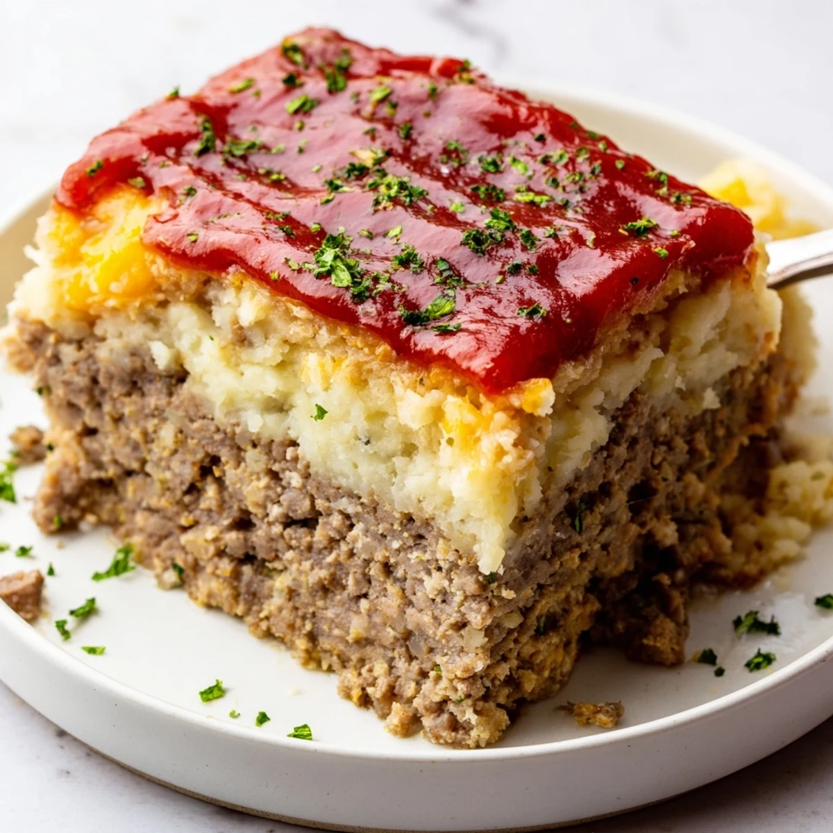 Meatloaf Casserole bubbling with golden cheddar, mashed potato peak, ready to serve
