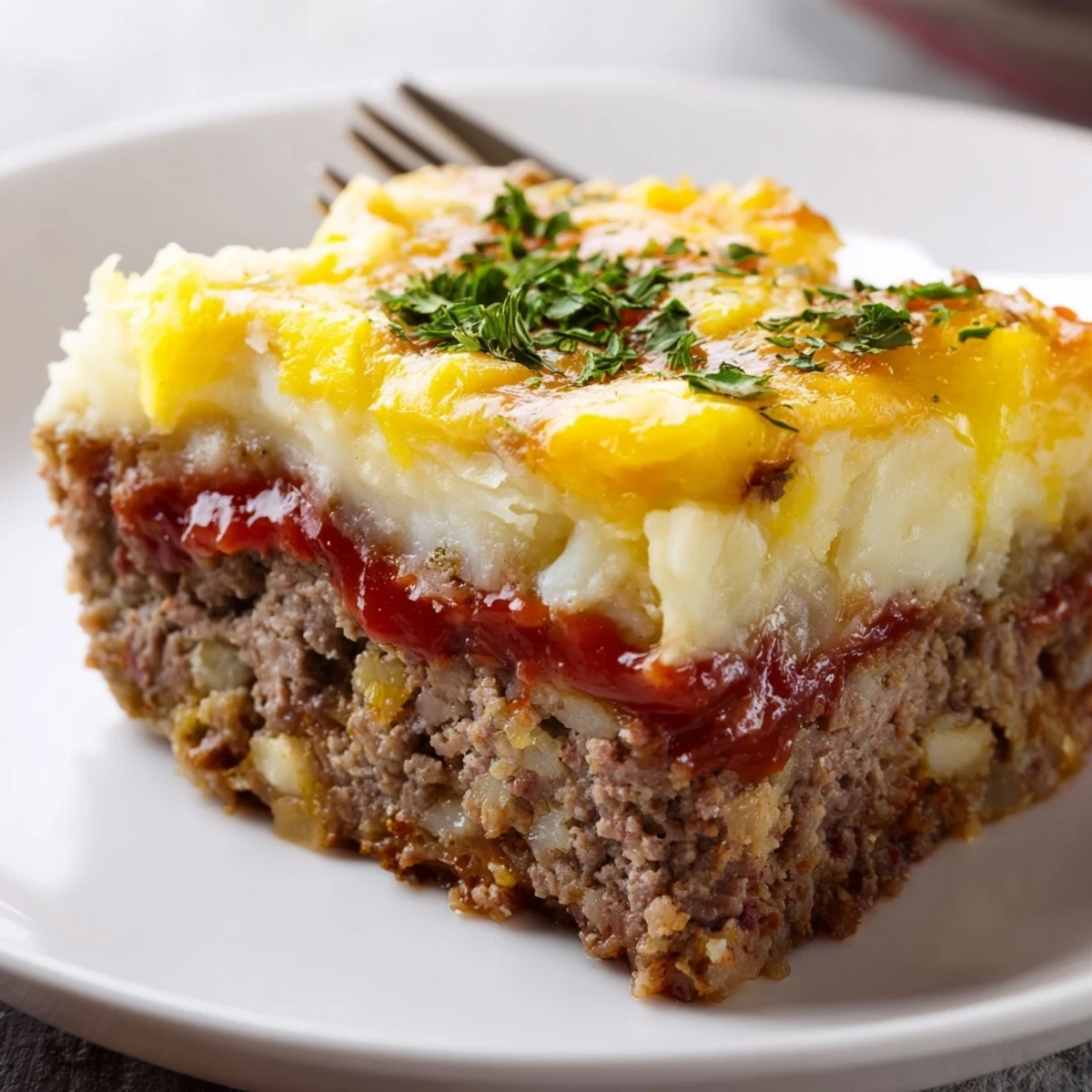 Warm Meatloaf Casserole topped with melted cheddar, parsley garnish, family dinner ready