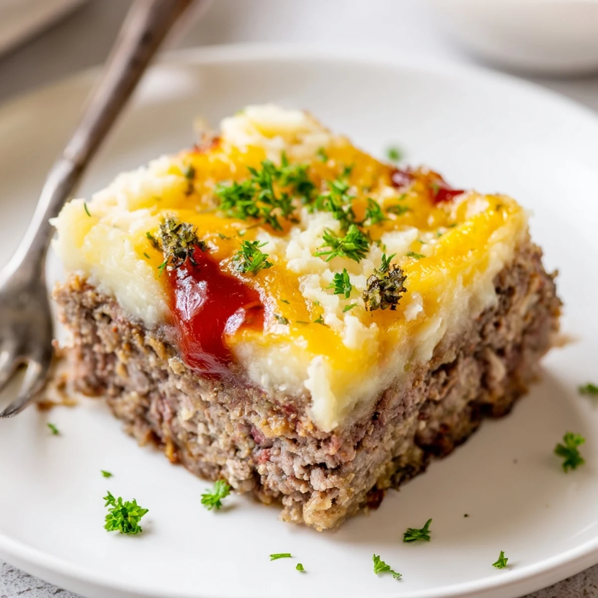 Hearty Meatloaf Casserole slice served with creamy mashed potatoes and steamed green beans