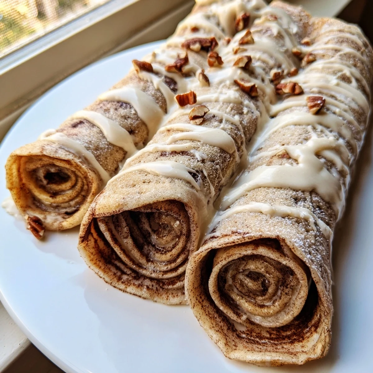 Cinnamon Roll Protein Crepes drizzled with cream cheese glaze on a warm plate