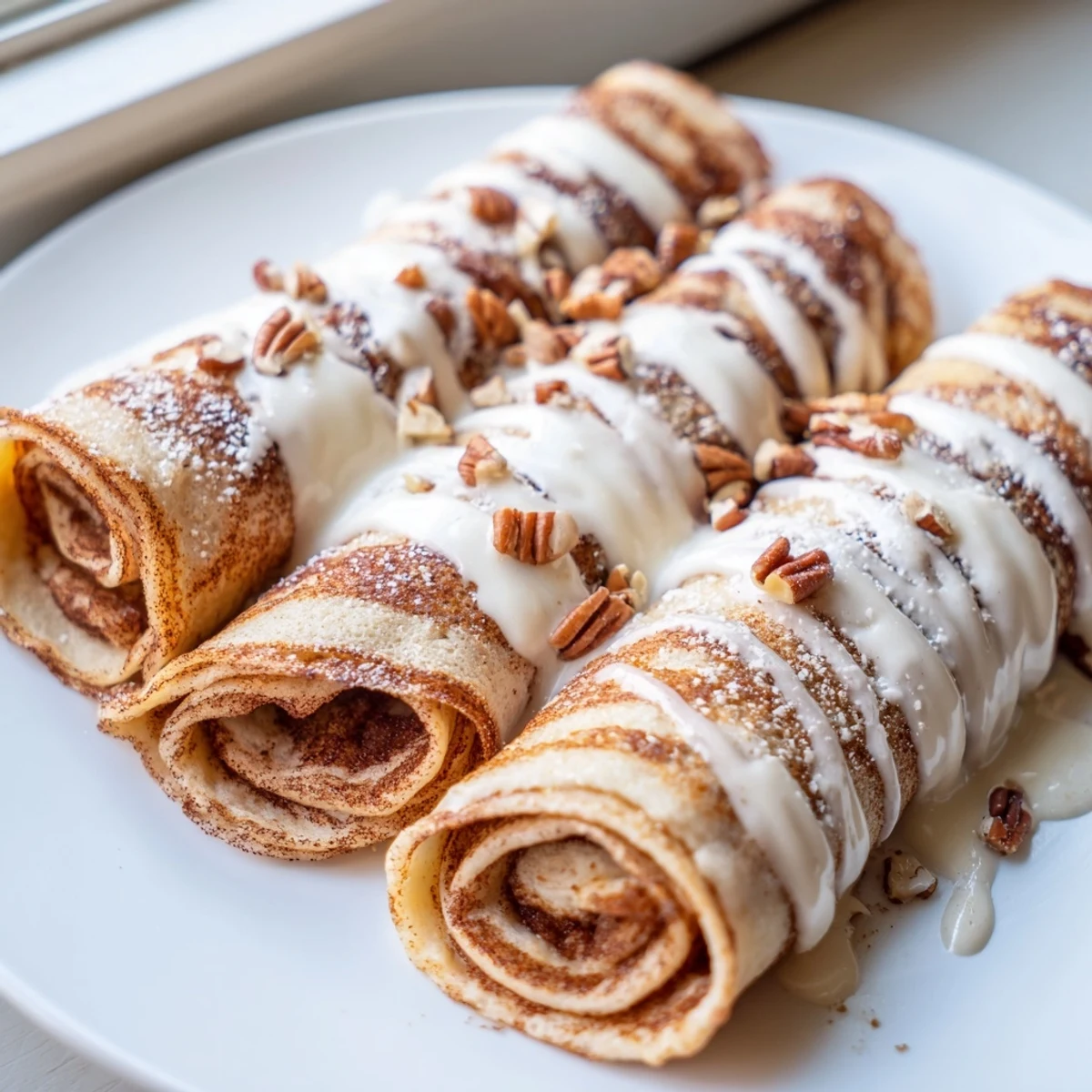 Thin Cinnamon Roll Protein Crepes rolled with spiced cinnamon sugar filling, served fresh