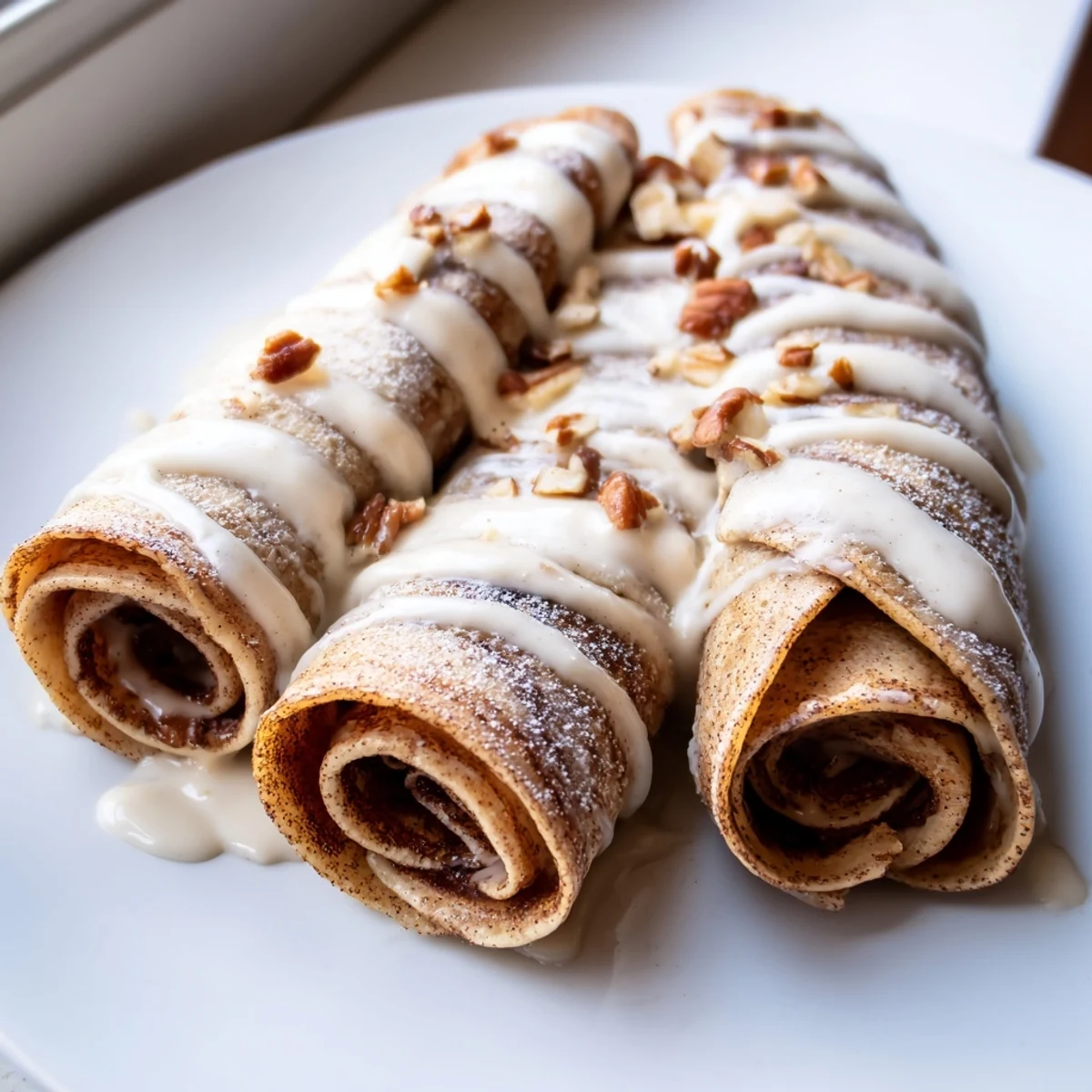 Golden Cinnamon Roll Protein Crepes topped with luscious cream cheese icing and dusted cinnamon
