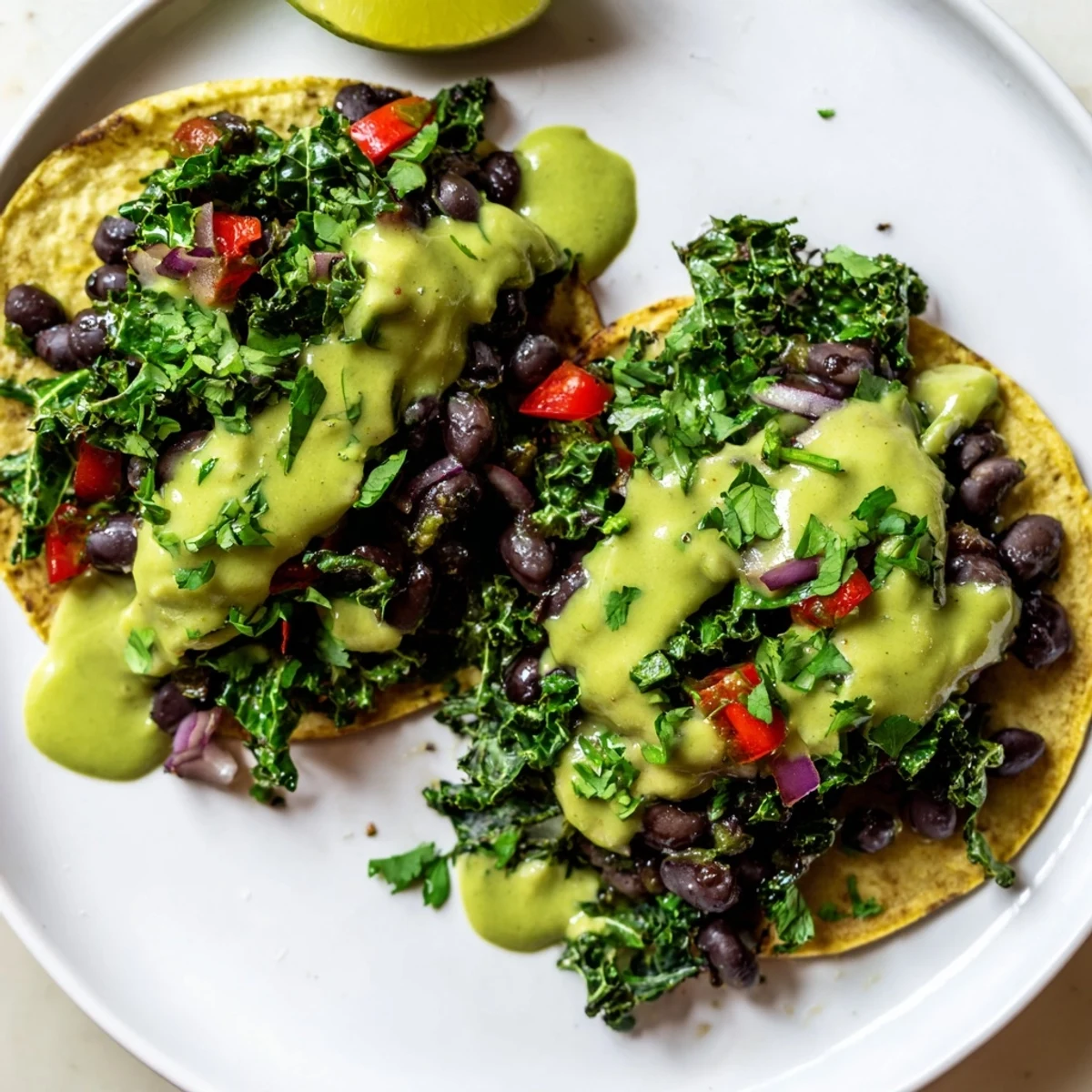 Smoky black bean kale tacos drizzled with vibrant creamy green sauce on warm tortillas