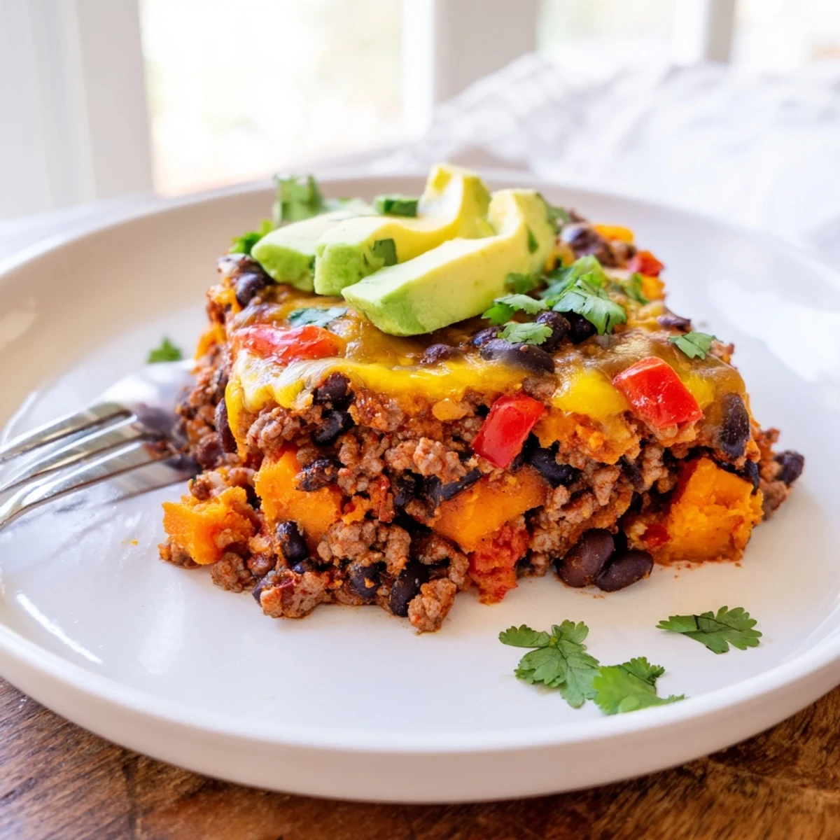 Bubbly sweet potato turkey black bean bake fresh from the oven with melted cheese