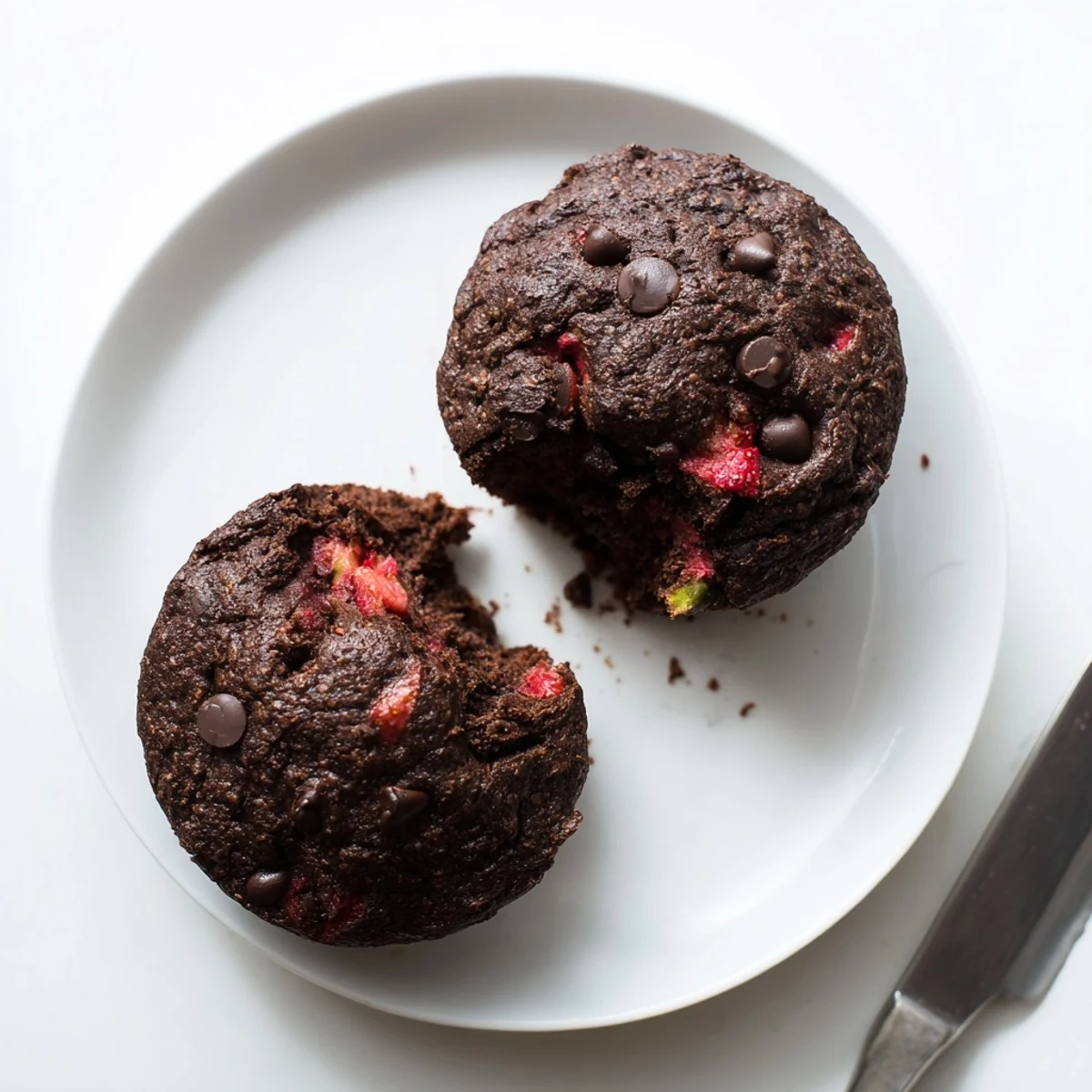 Fresh-baked chocolate zucchini strawberry muffins crowned with melting chocolate chips on a rustic parchment liner