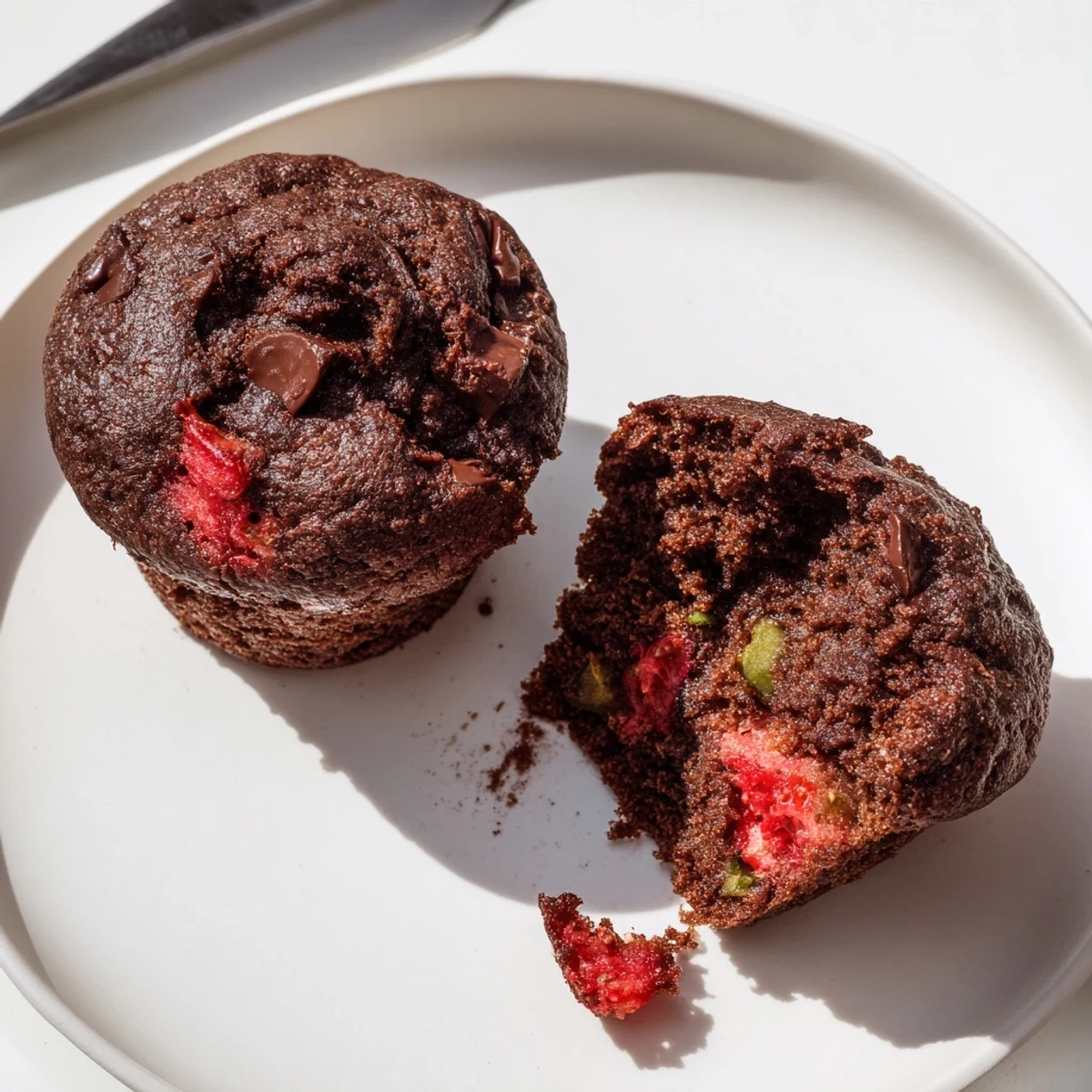 Chocolate zucchini strawberry muffins with gooey chocolate chips and vibrant berry pieces on a wire rack