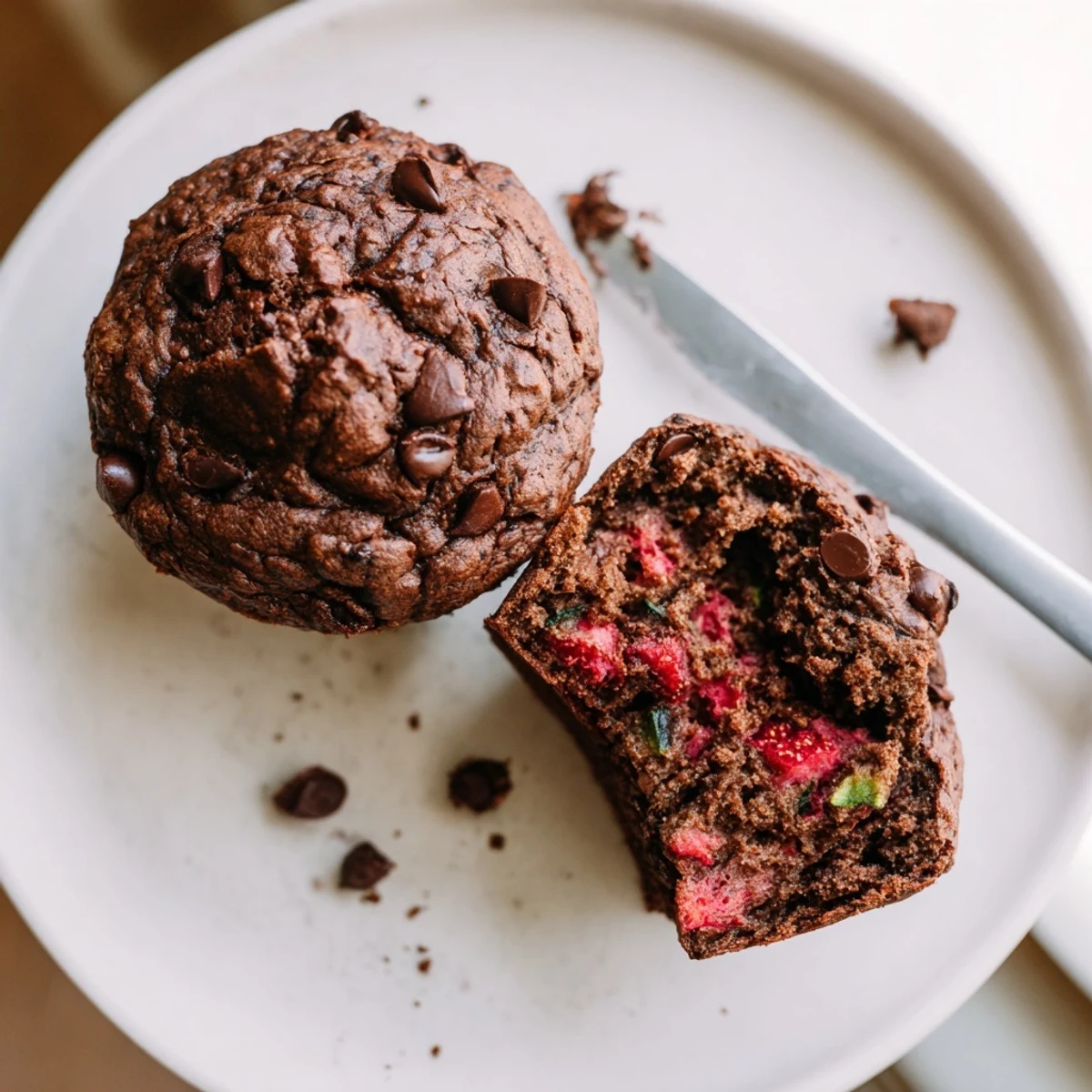 Moist chocolate zucchini strawberry muffins studded with juicy red strawberries served warm on a cooling rack