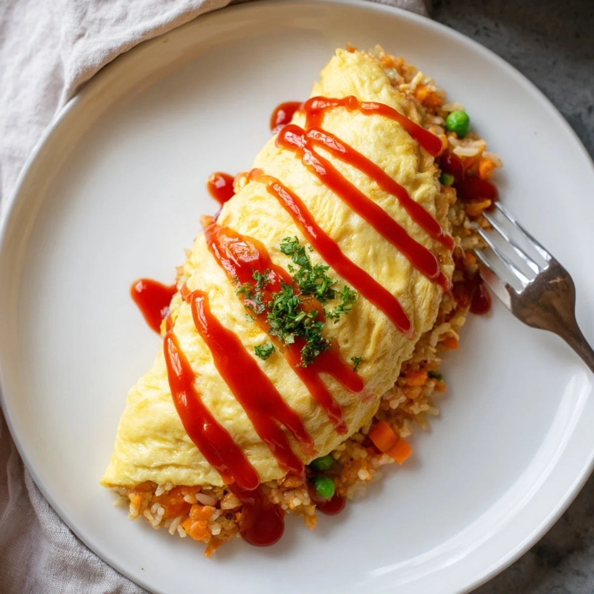 Golden omurice with a fluffy omelette draped over ketchup fried rice, drizzled with sauce