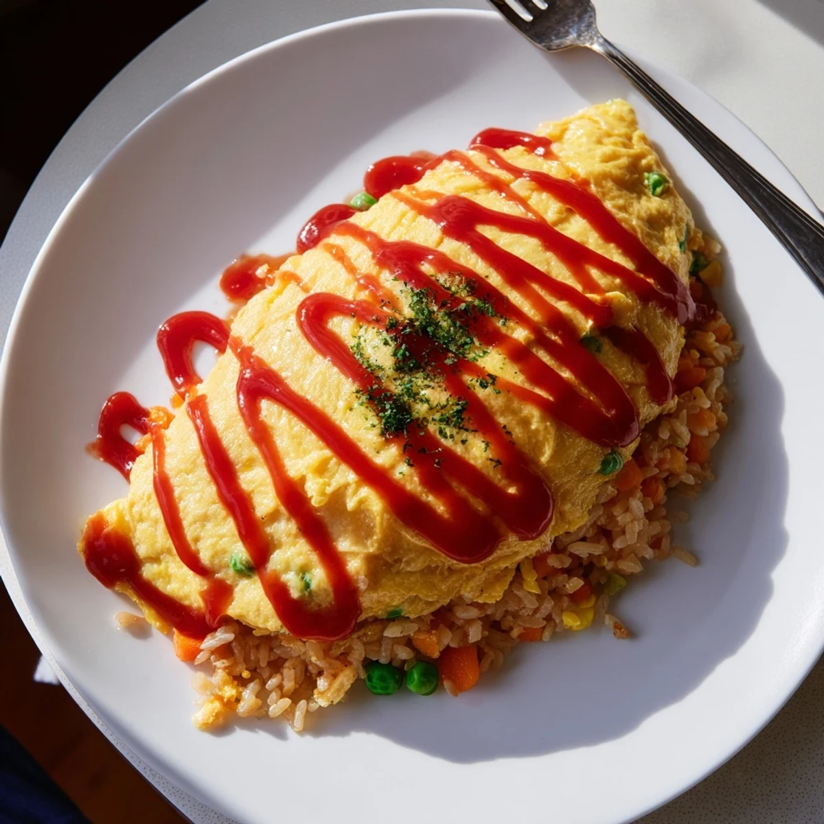 Omurice served on a plate with savory chicken rice wrapped in a tender omelette