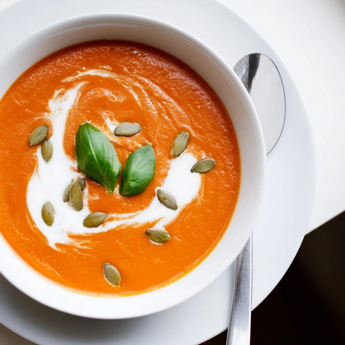 Creamy high protein tomato soup ladled into a bowl with fresh basil garnish