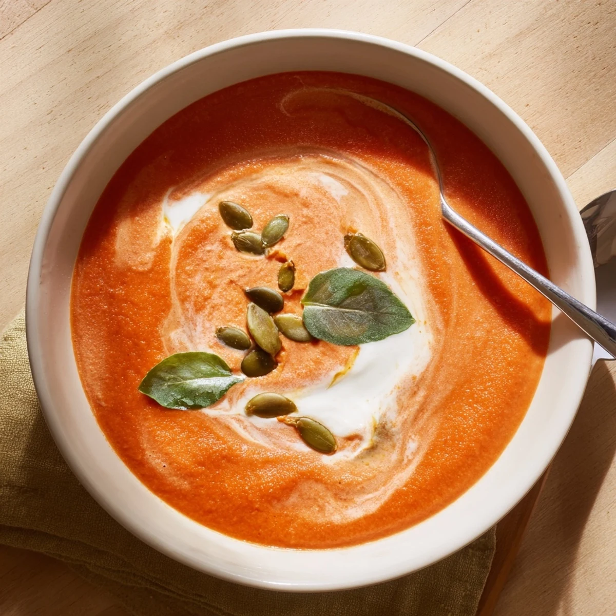 Velvety high protein tomato soup swirled with Greek yogurt and pumpkin seeds