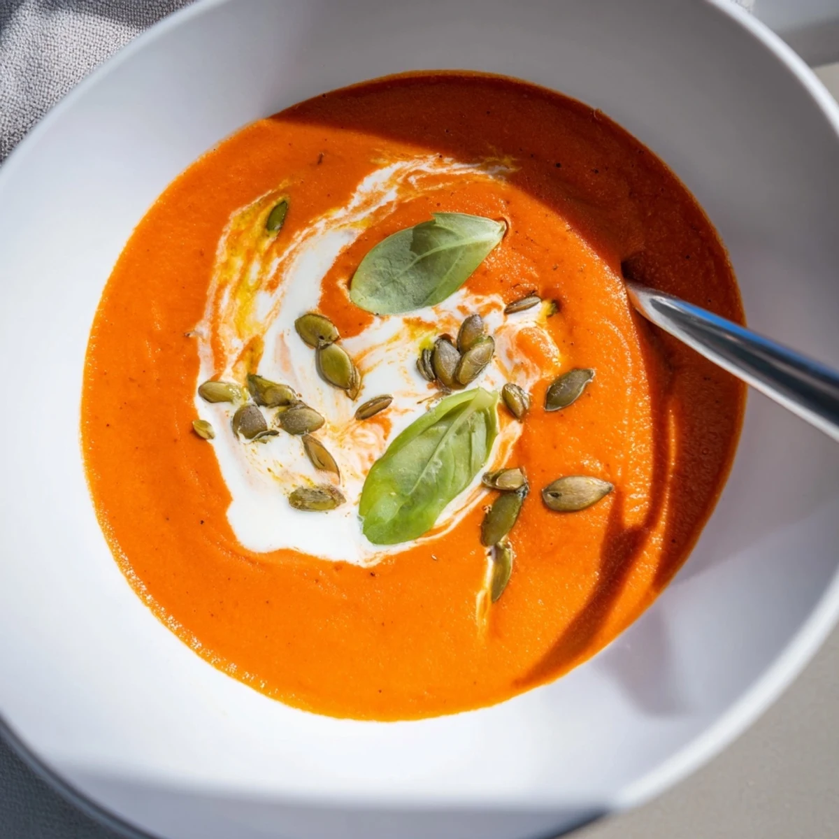 Steaming bowl of high protein tomato soup served alongside crusty whole grain bread