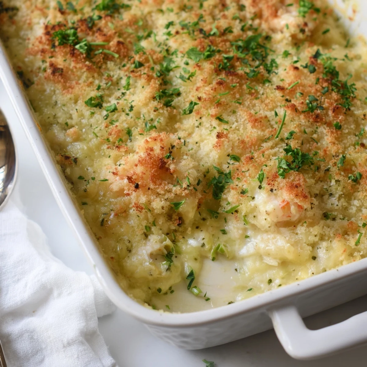 Creamy cheesy jumbo lump crab au gratin spooned into a rustic baking dish