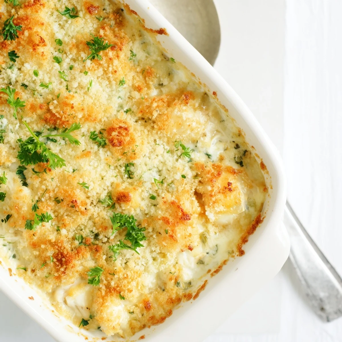 Golden bubbling cheesy jumbo lump crab au gratin fresh from the oven with crispy panko crust
