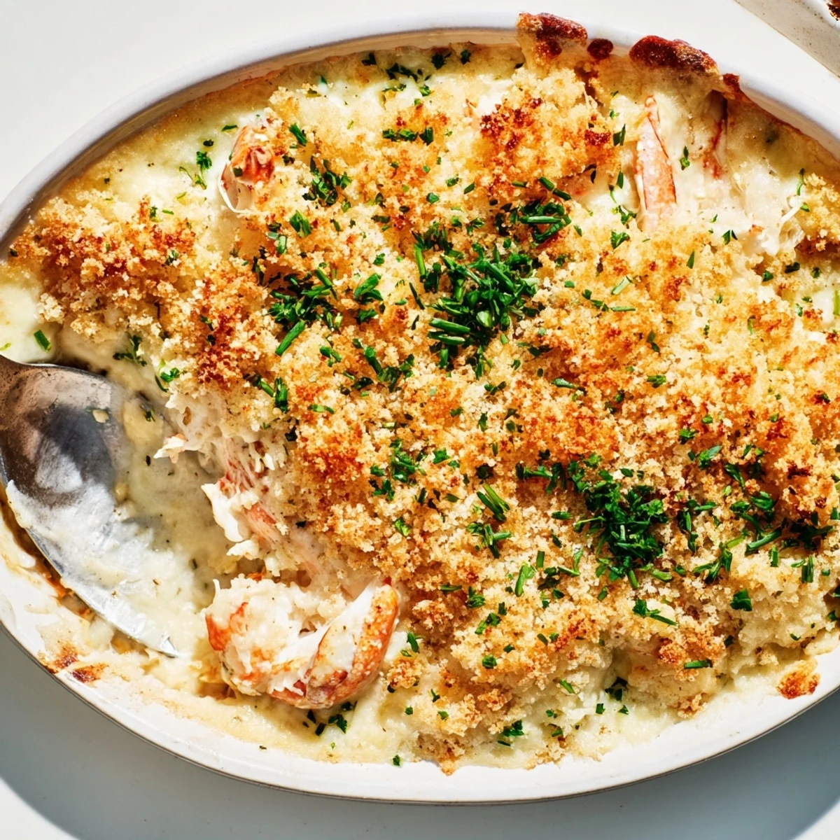 Cheesy jumbo lump crab au gratin topped with melted Gruyère and fresh chopped parsley