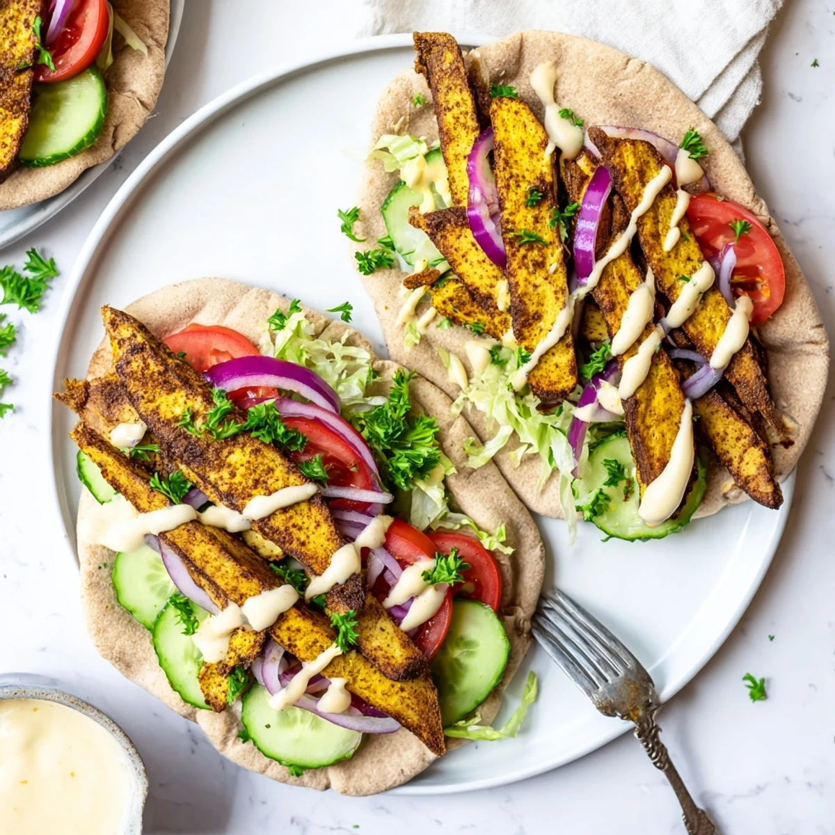 Golden spiced tofu shawarma strips nestled in warm pita with crisp vegetables and creamy tahini sauce