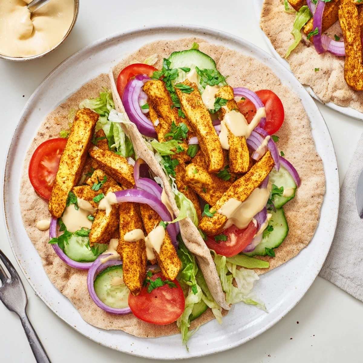 Tofu shawarma strips sizzling with smoky cumin and paprika served on a fluffy flatbread wrap