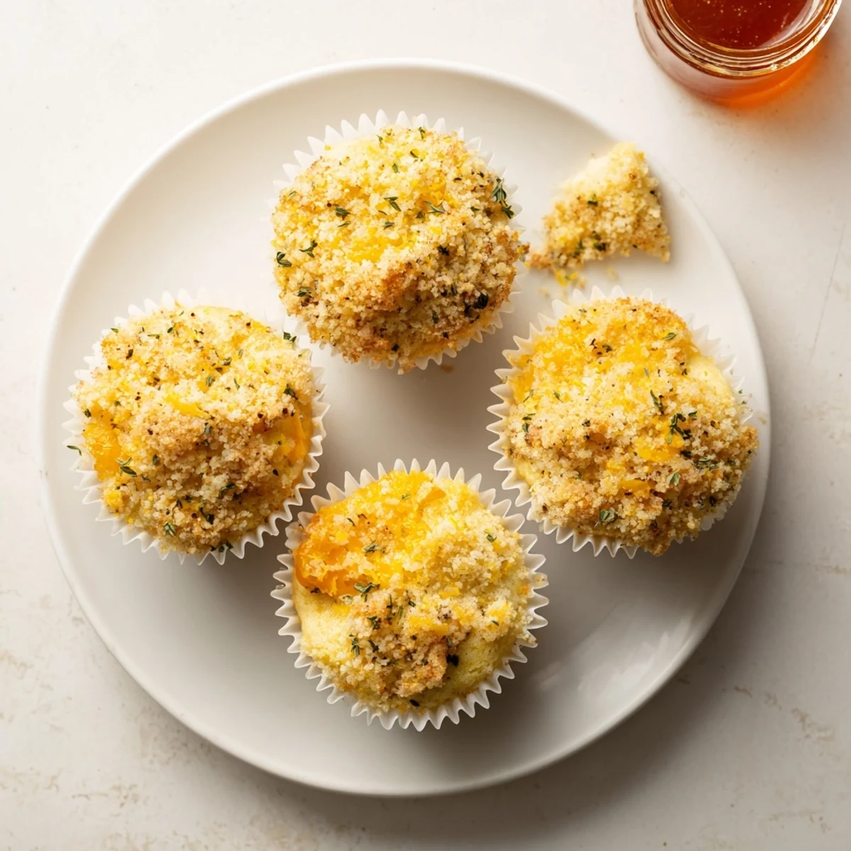 Golden lemon orange honey muffins with thyme crumble fresh from the oven.