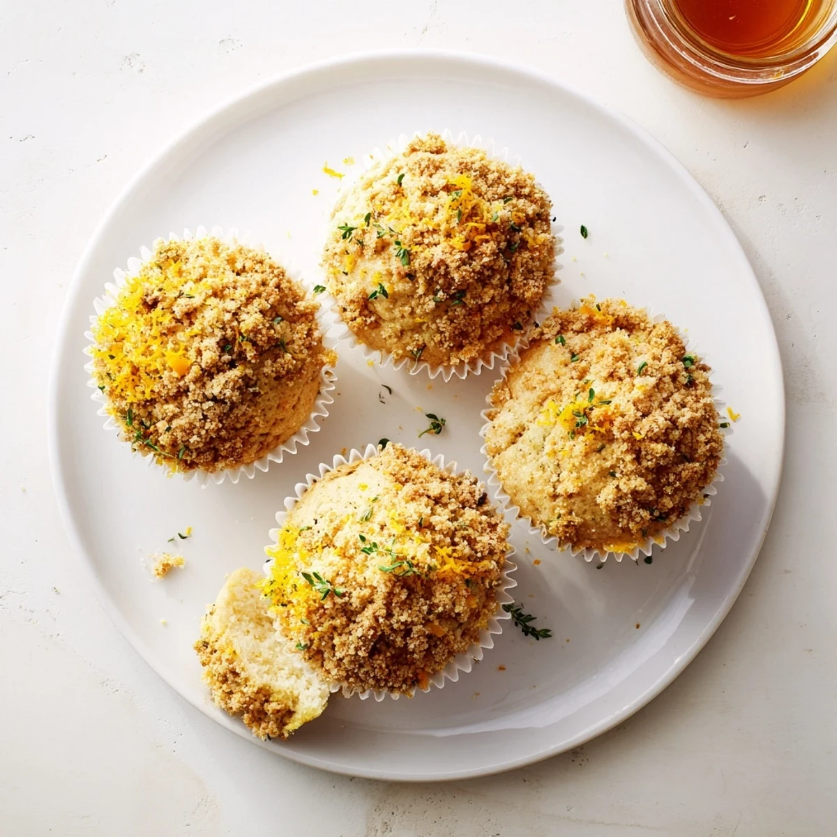 Warm lemon orange honey muffins topped with herbed thyme crumble on a rustic plate.