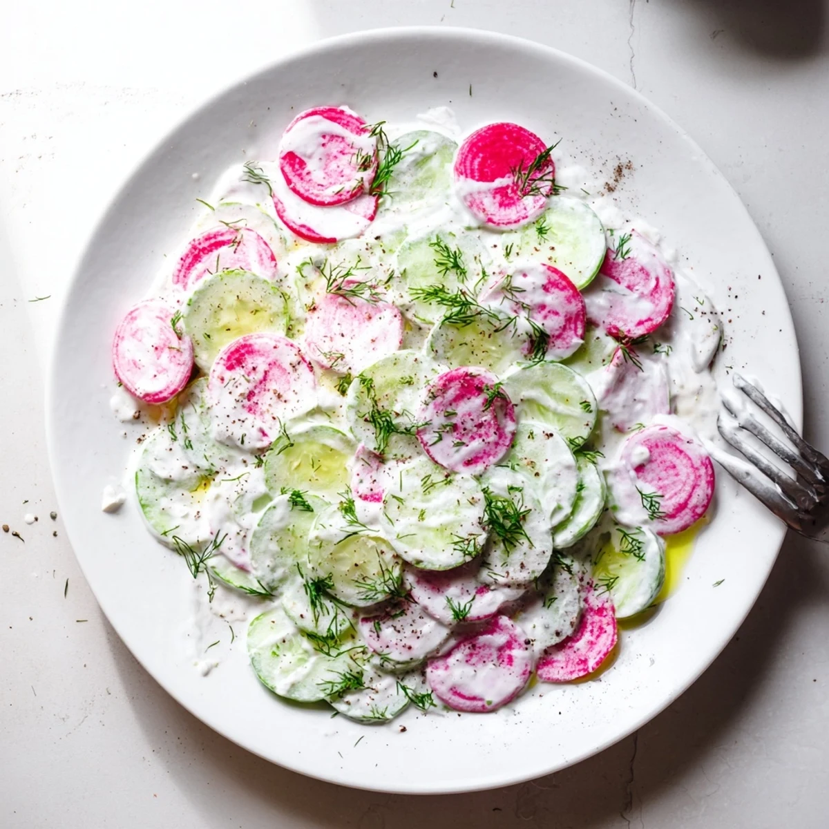 Creamy cucumber radish yogurt dill salad in a rustic bowl with fresh herbs