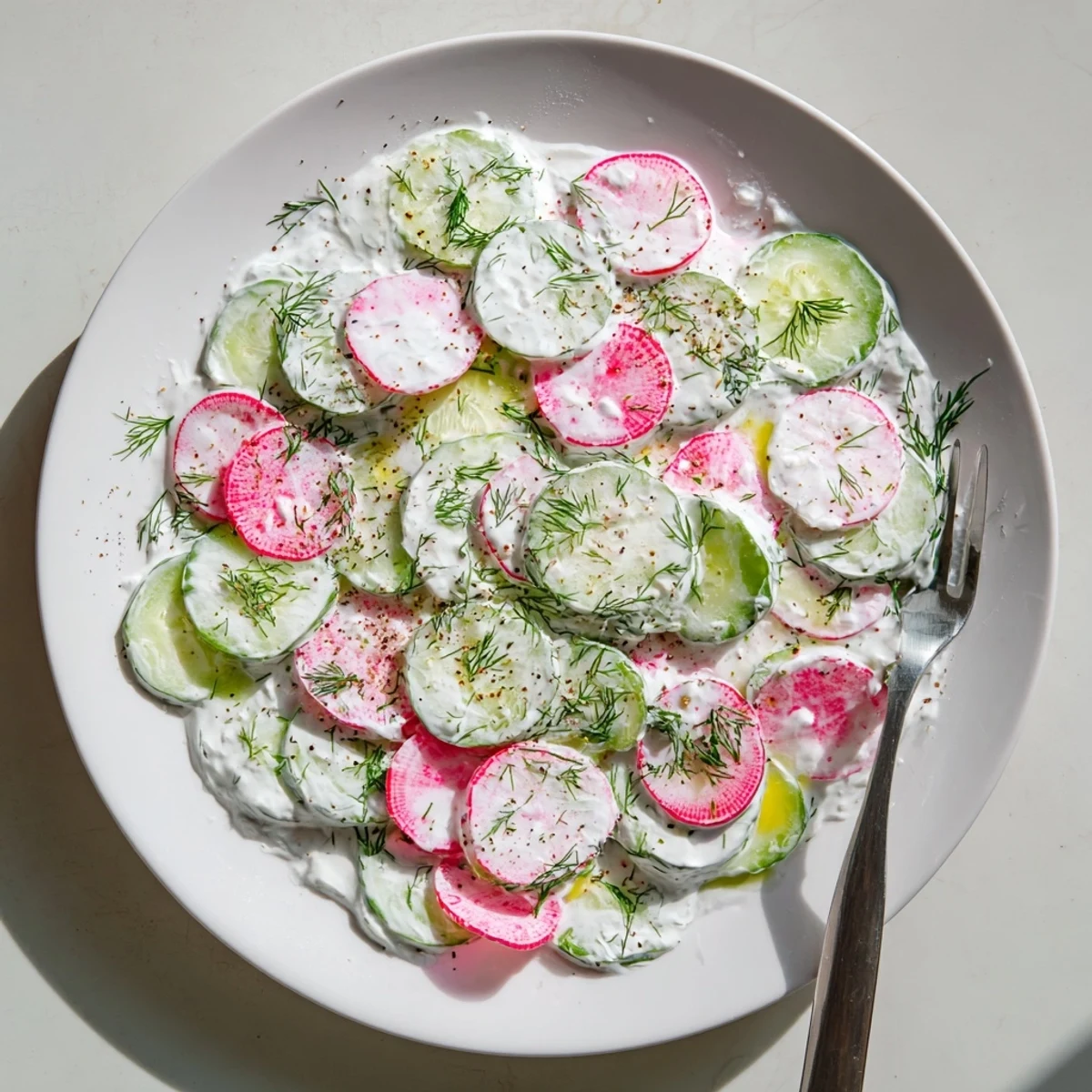 Crisp sliced cucumbers and peppery radishes coated in tangy yogurt dill dressing