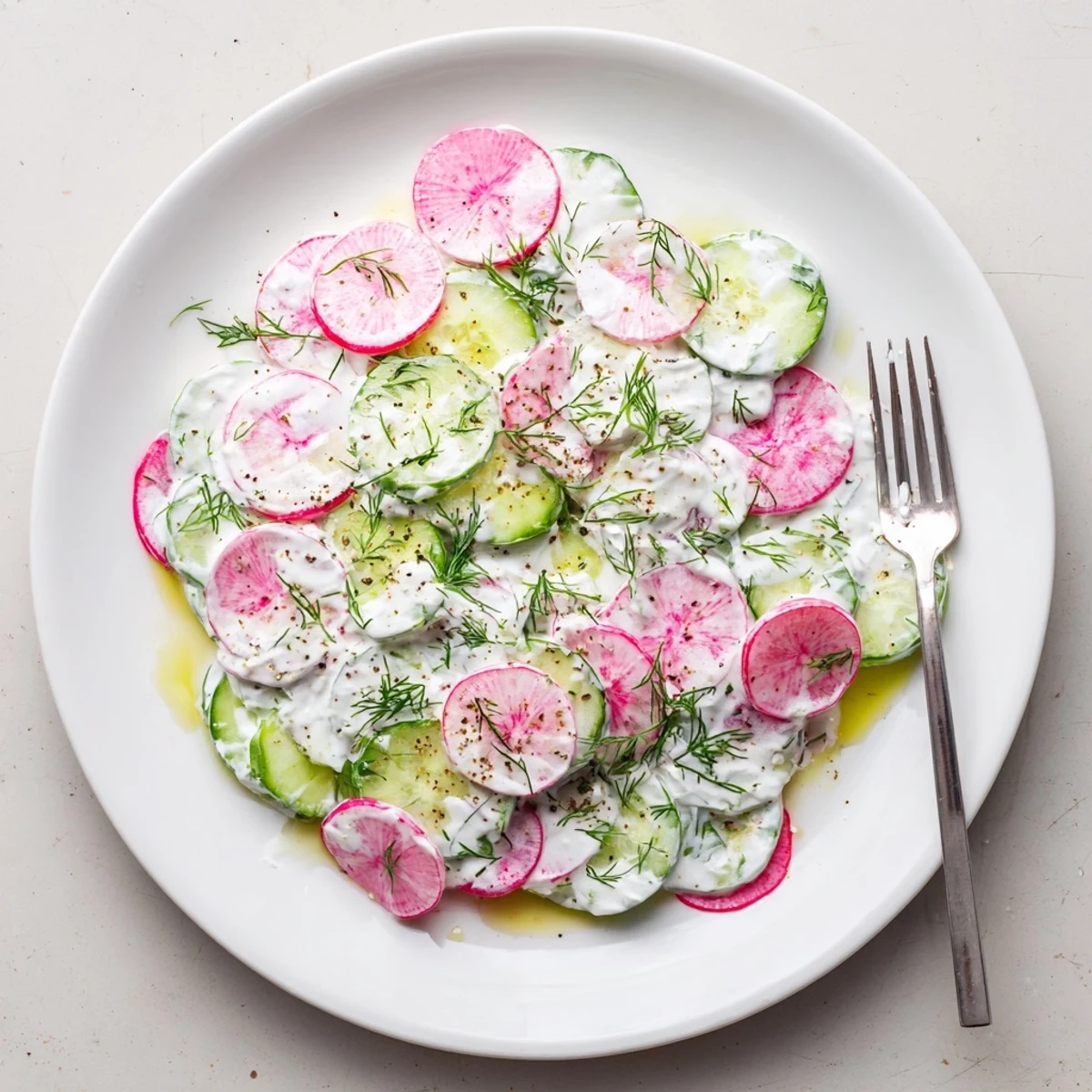 Chilled cucumber radish yogurt dill salad garnished with dill sprigs and lemon