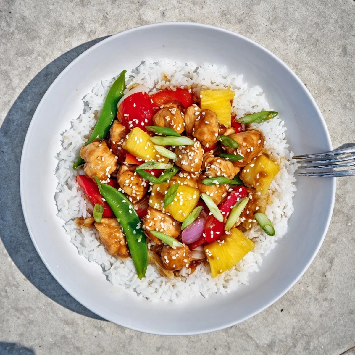 Juicy pineapple chicken rice bowl glistening with sweet glaze and colorful crisp vegetables