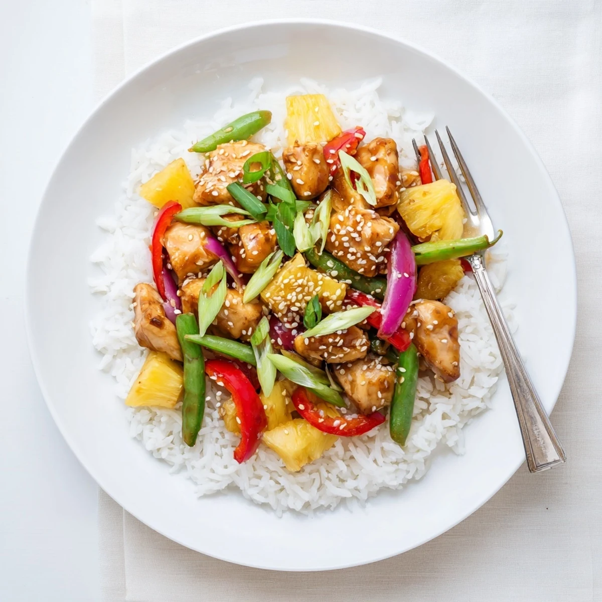 Golden seared chicken and caramelized pineapple chunks over steaming fluffy white rice