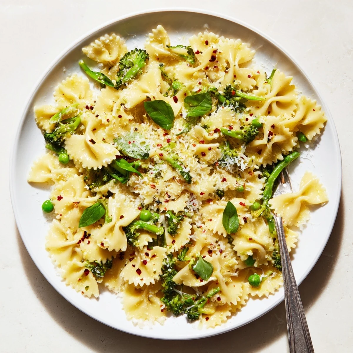 Steaming bowl of mafaldine limone broccoli pasta glistening with lemon garlic sauce and tender green florets