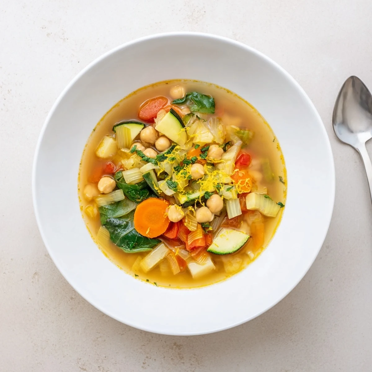 Steaming bowl of Vegan Italian Penicillin Soup brimming with colorful vegetables and tender chickpeas