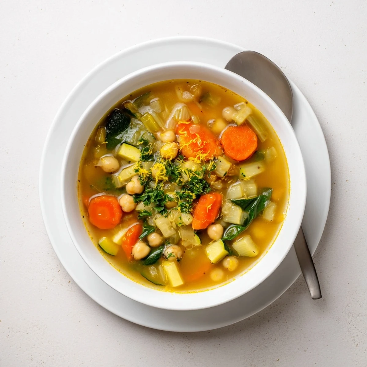 Creamy Vegan Italian Penicillin Soup ladled into a mug with lemon zest and olive oil drizzle