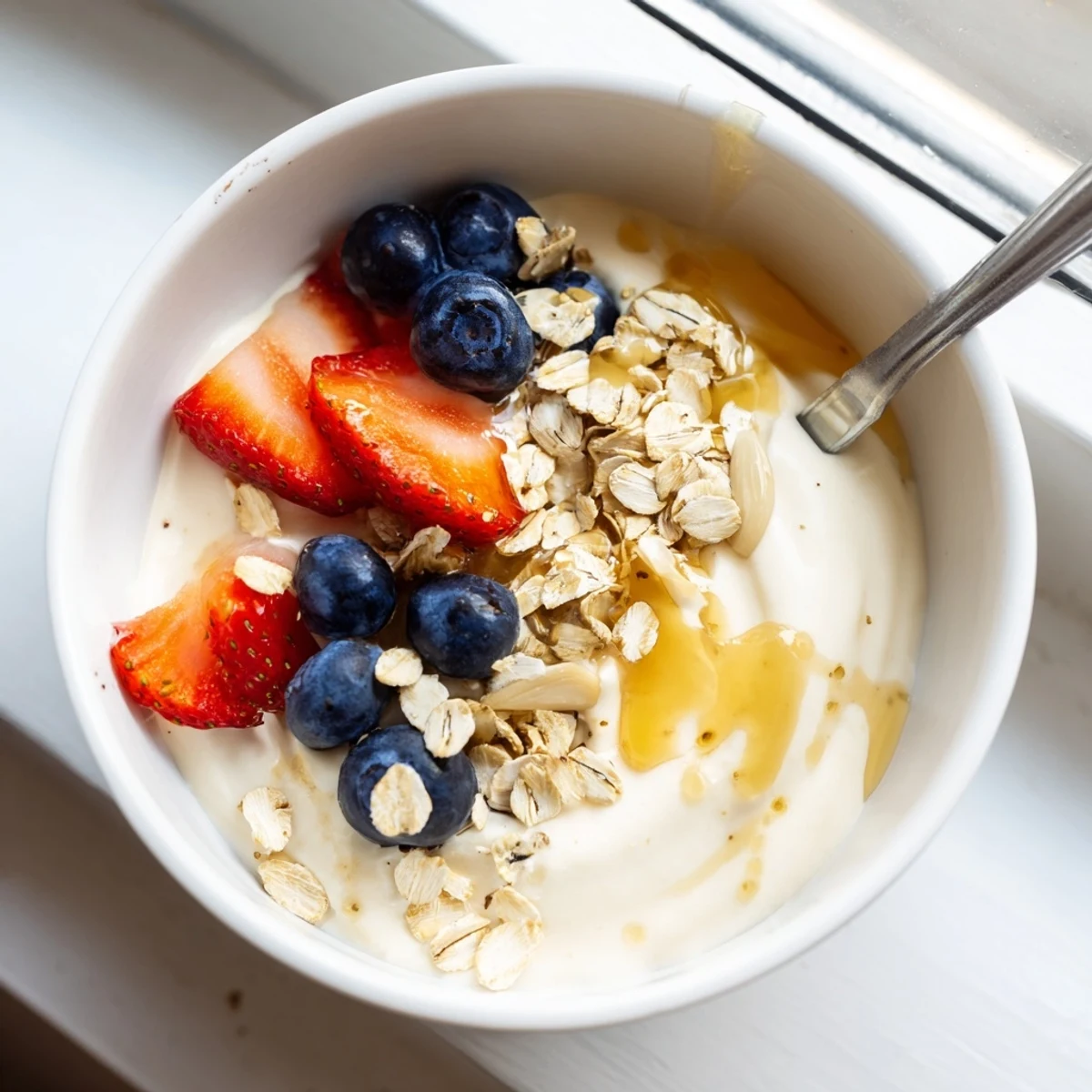 Thick, creamy homemade yogurt spooned into a glass jar topped with fresh berries