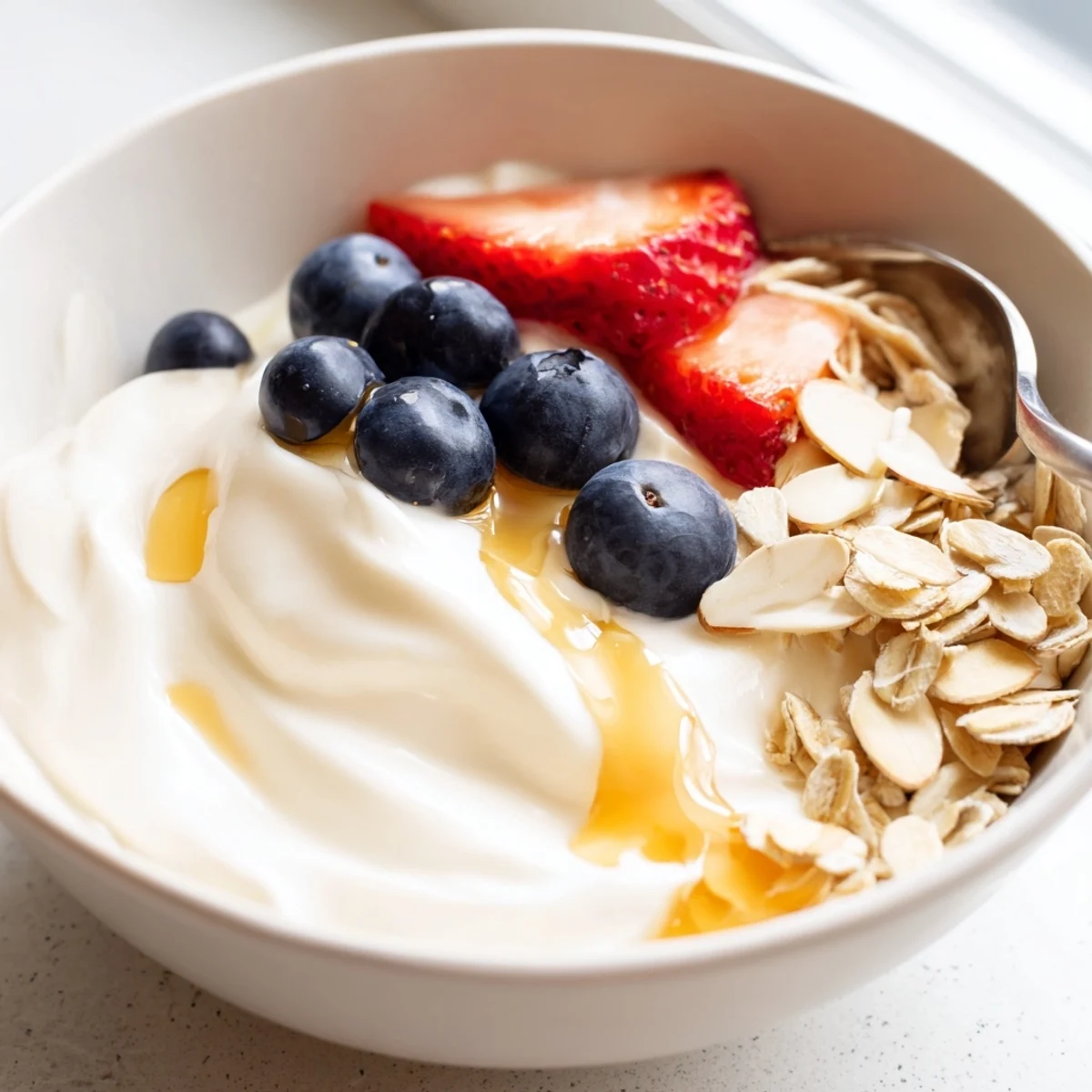 Velvety homemade yogurt garnished with crunchy granola and a dusting of cinnamon
