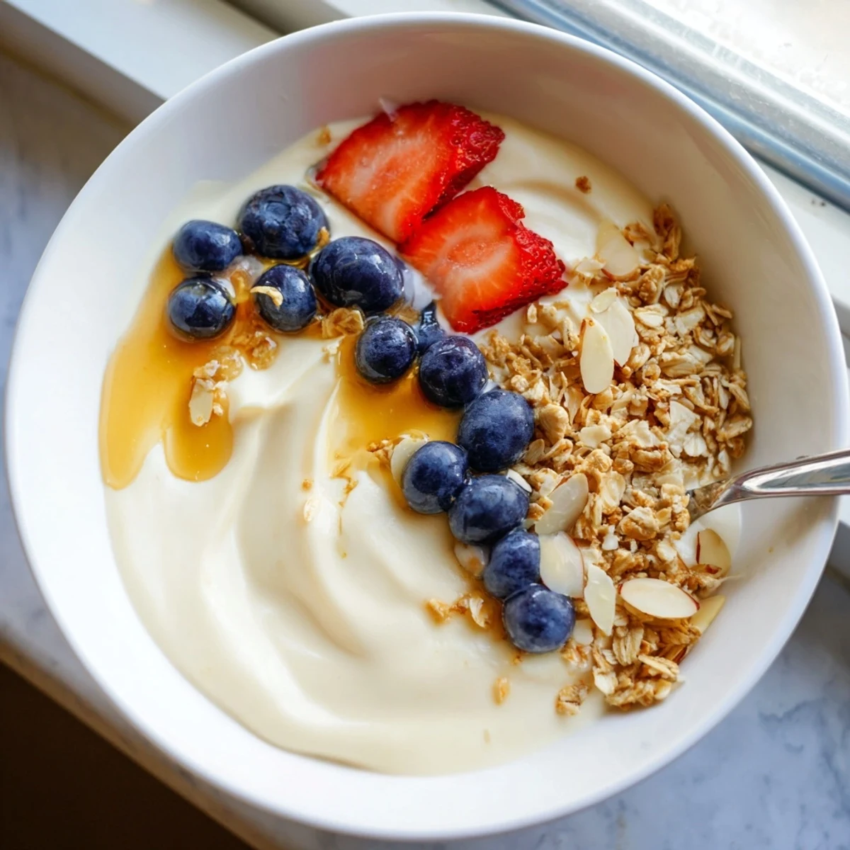 Smooth, tangy homemade yogurt served in a white bowl drizzled with golden honey