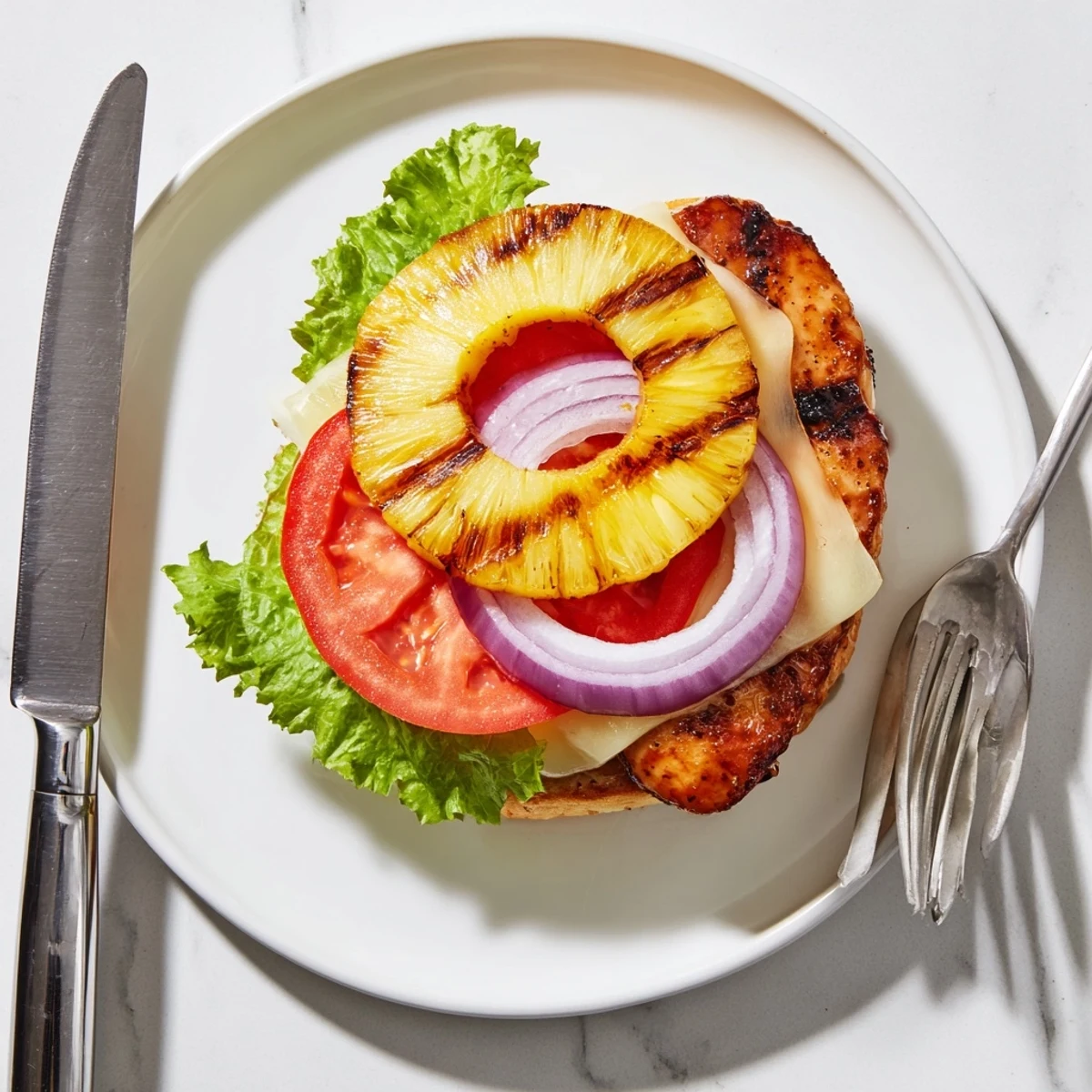 Juicy grilled chicken breast topped with melted Swiss cheese and grilled pineapple rings on a toasted bun