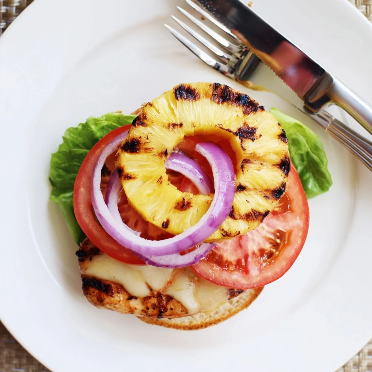 Tropical grilled Hawaiian chicken sandwich stacked with teriyaki glazed chicken, fresh vegetables, and sweet charred pineapple