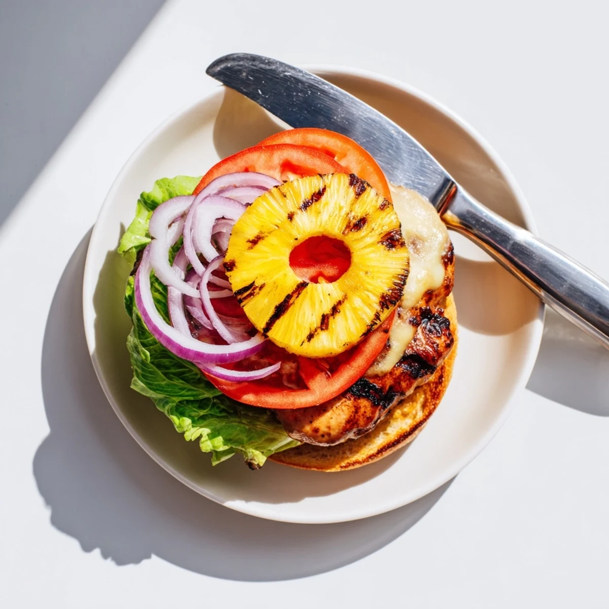 Savory chicken sandwich featuring grilled teriyaki chicken, melted provolone, and caramelized pineapple on a buttery toasted bun