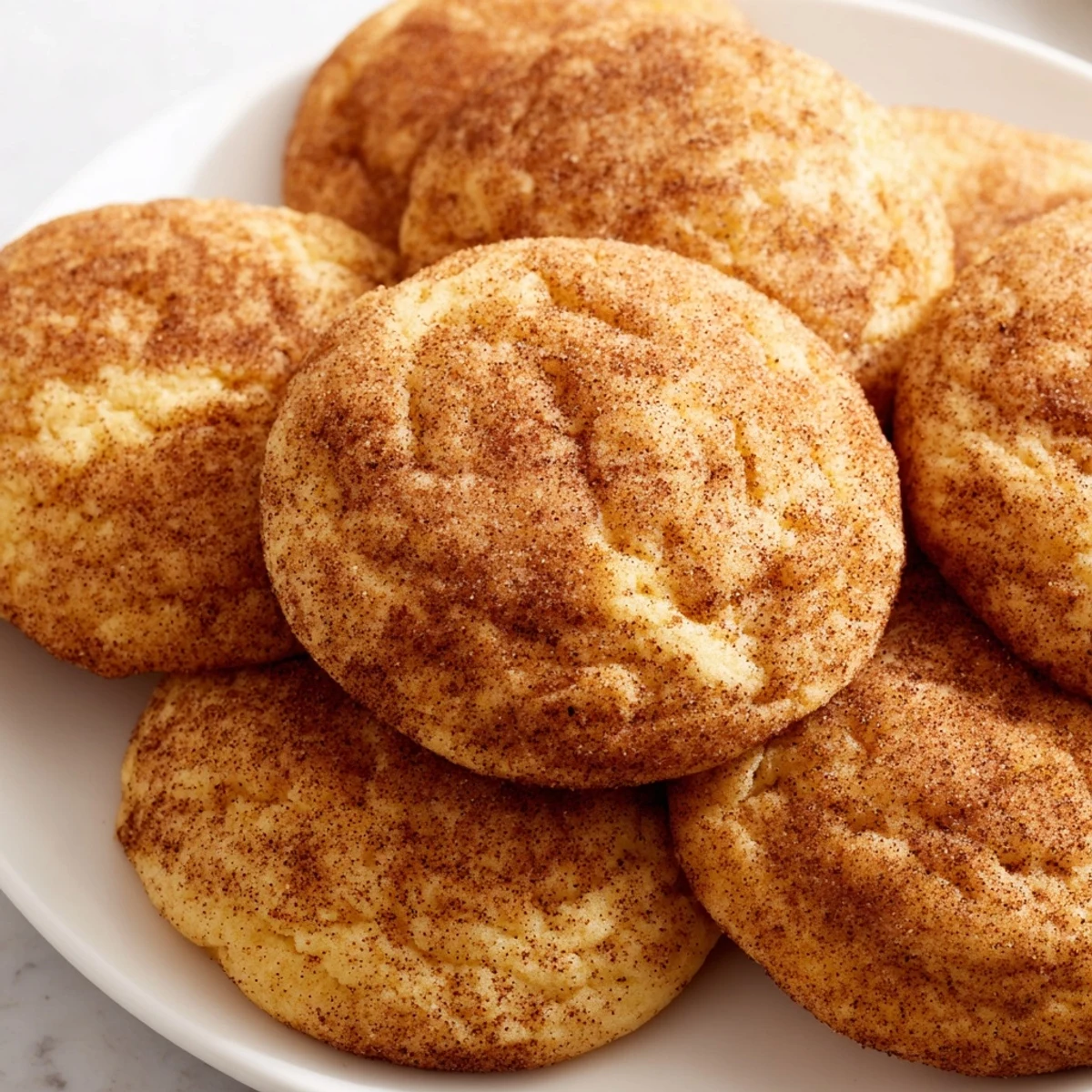 Golden brown snickerdoodle cookies rolled in cinnamon sugar cooling on a wire rack